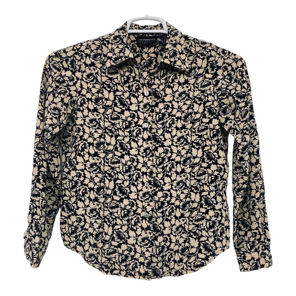 Liz Claiborne Shirt Women’s Floral Career‎ Blouse Top Silk Button Front Petite 0